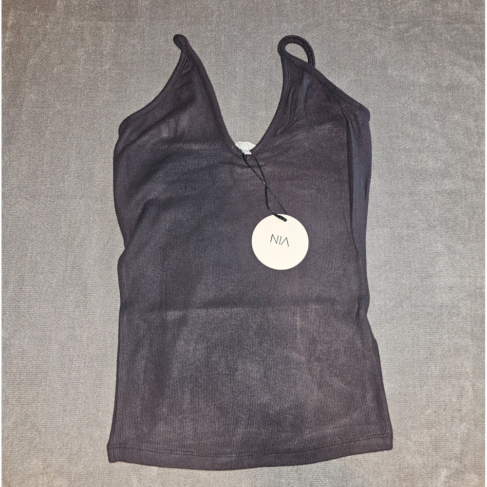 Anthropologie Nia Womens Small Deep Plunge Tank Top Gray Rounded Hem Stretch